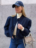 Jaqueta bomber feminina de manga comprida com bolsos, casacos vintage, botão frontal, casacos casuais femininos